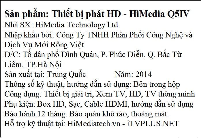 Mẫu tem phụ sản phẩm phát HD- hiMedia Q5IV