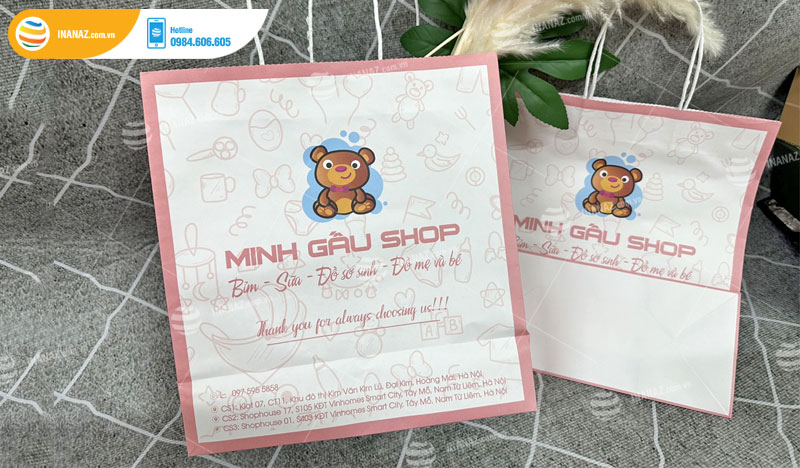 Mẫu túi giấy nhỏ shop thời trang trẻ em Minh Gấu Shop