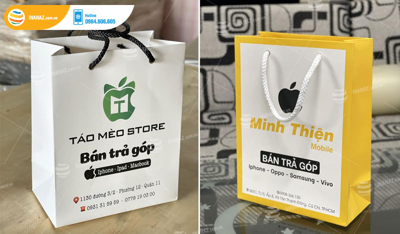 Mẫu túi giấy đựng điện thoại cho cửa hàng Táo Mèo Store