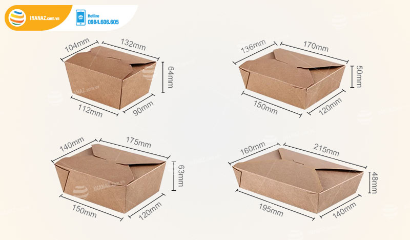 Kích thước hộp giấy đựng thức ăn thông dụng