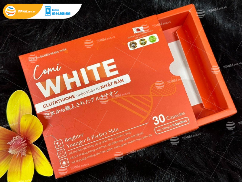 Mẫu hộp giấy đựng viên uống trắng da Comi White