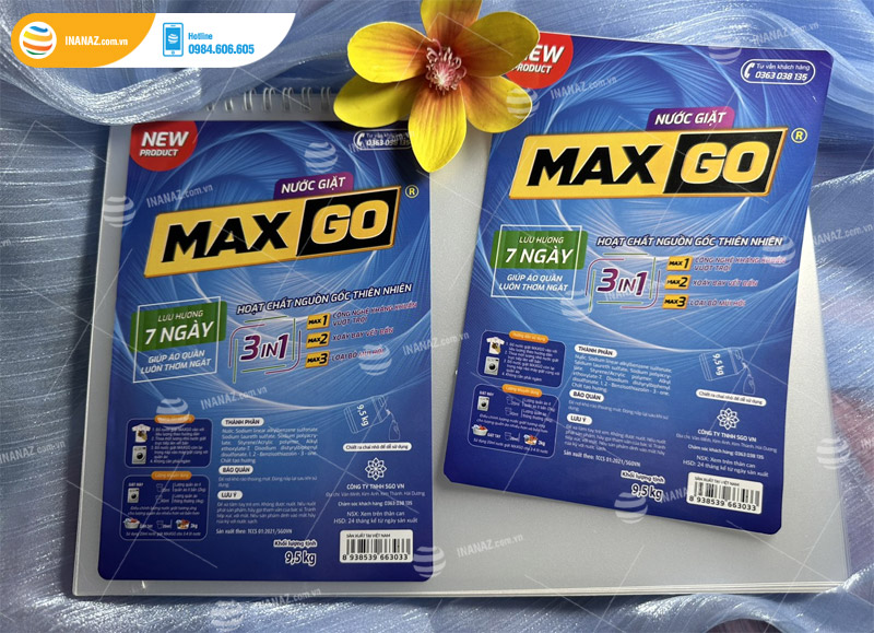 Mẫu tem nhãn sản phẩm nước giặt Max Go