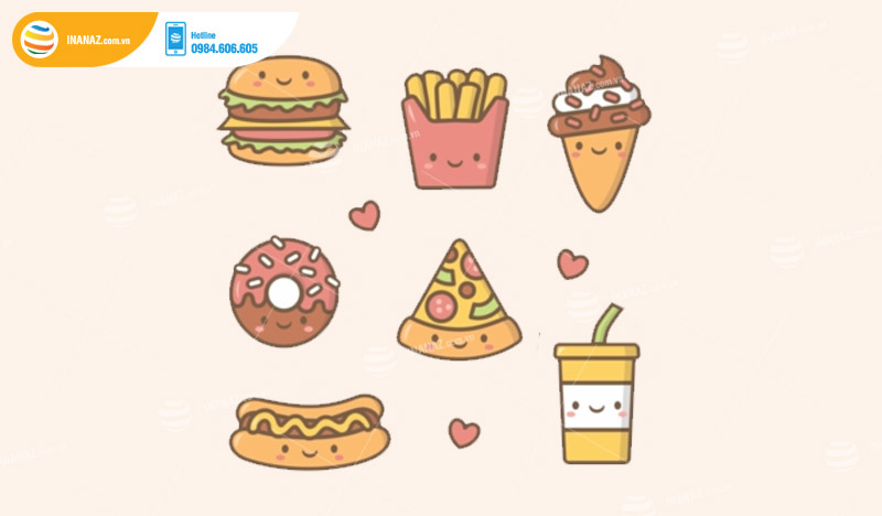 Quy cách in mẫu sticker đồ ăn, sticker food cute