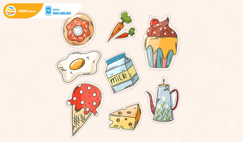 Quy cách in mẫu sticker đồ ăn, sticker food cute