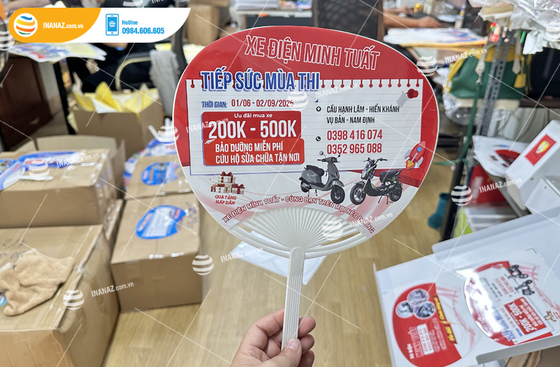 Mẫu quạt nhựa quảng cáo xe điện Minh Tuất